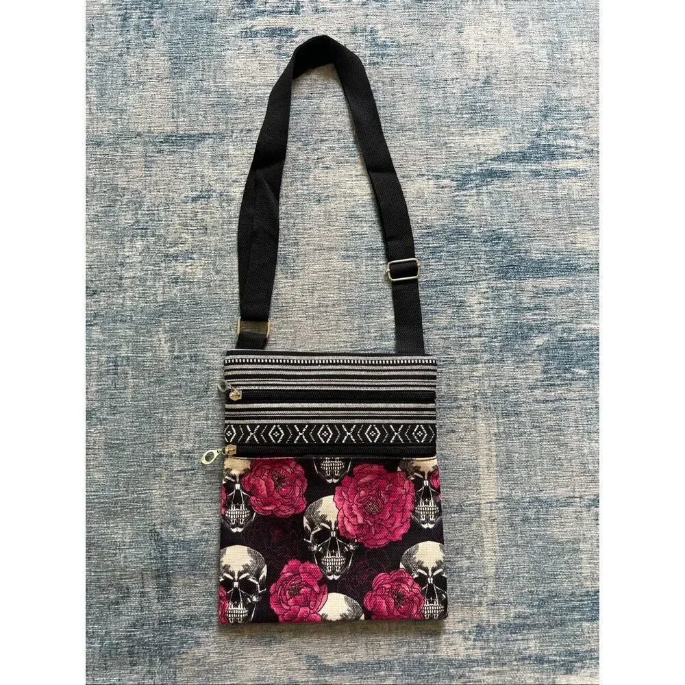 Black Pink Peony Flower Skull Cotton Canvas Two Pocket Crossbody Shoulder Pouch